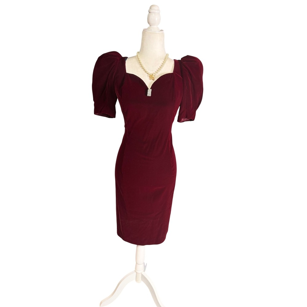Vintage celebrations 80s Burgundy Velvet Cocktail Dress Puff Sleeve Glam Midi